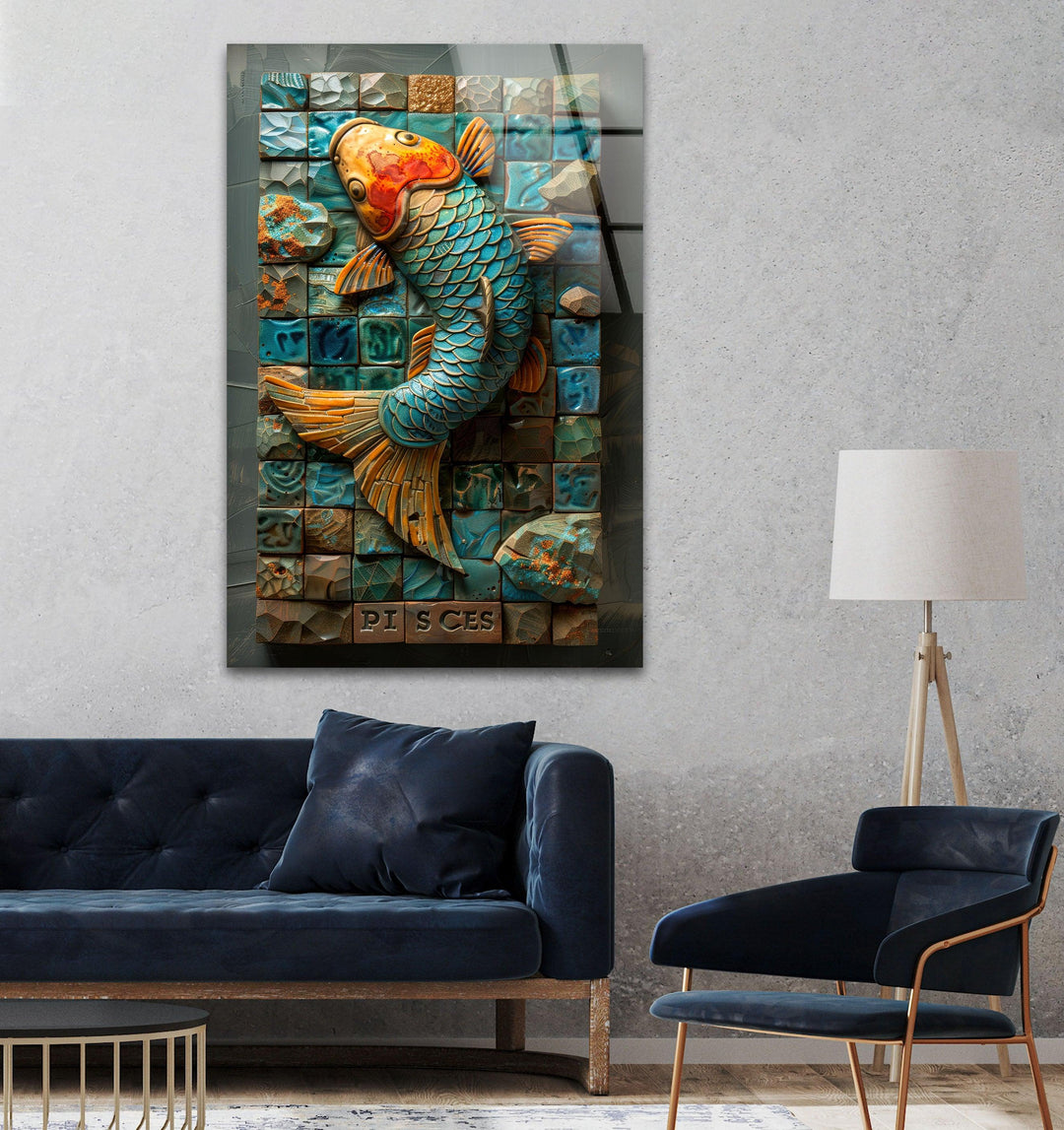 Mosaic Fish Glass Wall Art picture on glass wall art, photos printed on glass