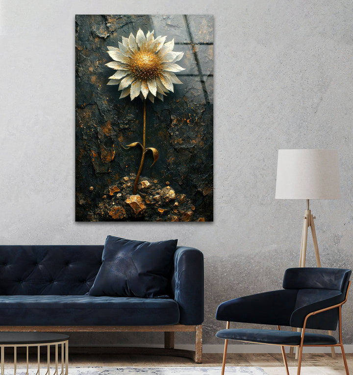 Sunflower With Gold Leaves Glass Wall Art, glass pictures for Wall, glass prints wall art