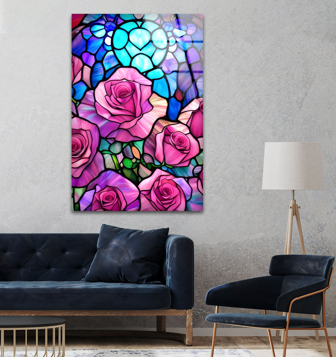 Pink Roses Stained Glass Wall Art, glass pictures for Wall, glass prints wall art