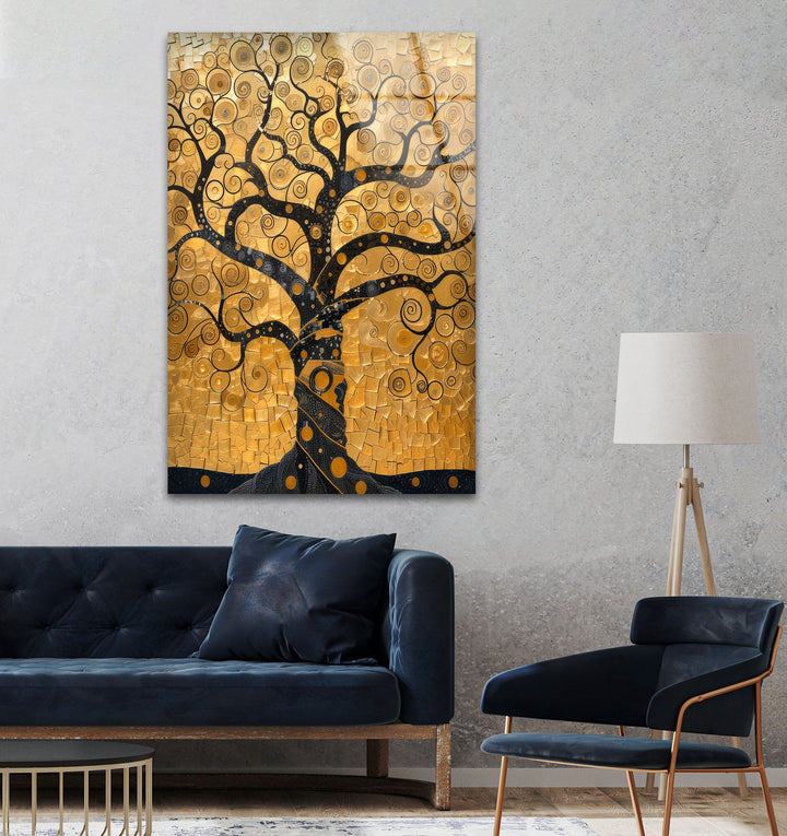 Mosaic Golden Tree Of Life Glass Wall Art, glass photo prints, glass picture prints