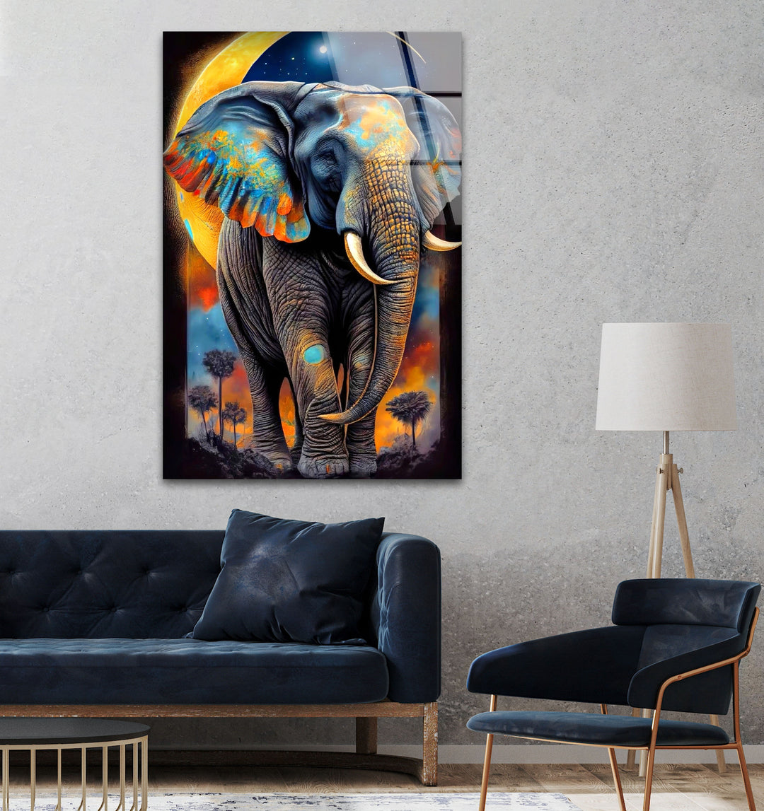 Elephant With Moon Glass Wall Art stained glass wall art, stained glass wall decor