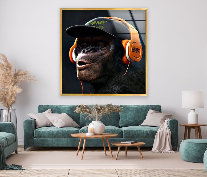 Monkey With Orange Headphones Glass Wall Art glass art painting, glass art for the Wall
