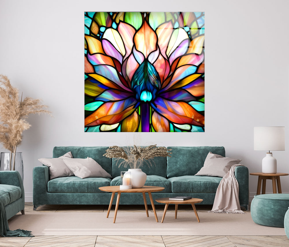 Stained Lotus Flower Glass Wall Art, picture on glass wall art, photos printed on glass