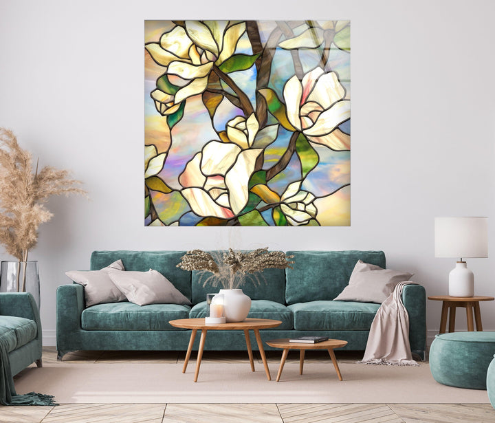 Stained Magnolia Glass Wall Art, glass pictures for Wall, glass prints wall art