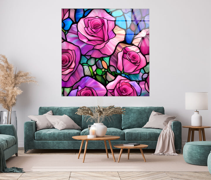 Pink Roses Stained Glass Wall Art, photo print on glass, prints on glass wall art