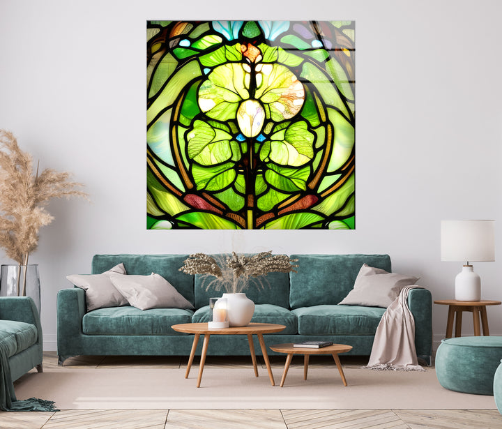 Stained Green Leaf Glass Wall Art, photo print on glass, prints on glass wall art