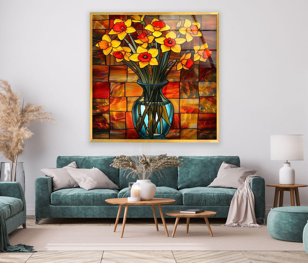 Yellow Daffodil Stained Glass Wall Art, glass art painting, glass art for the Wall