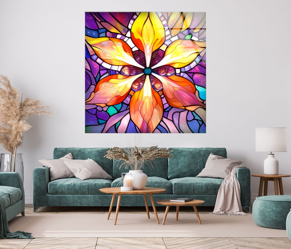 Colored Mosaic Flower Glass Wall Art, picture on glass wall art, photos printed on glass