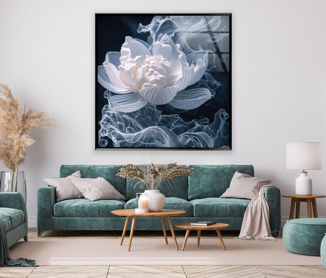 Smoke White Flower Glass Wall Art, photo print on glass, prints on glass wall art