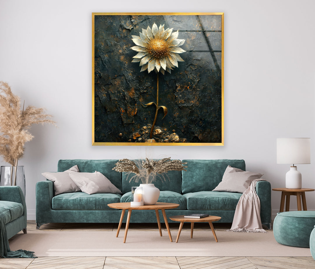 Sunflower With Gold Leaves Glass Wall Art, large glass photo prints, glass wall photos