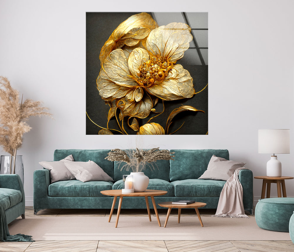 Elegant Golden Flower Glass Wall Art, glass wall decor, glass wall art decor