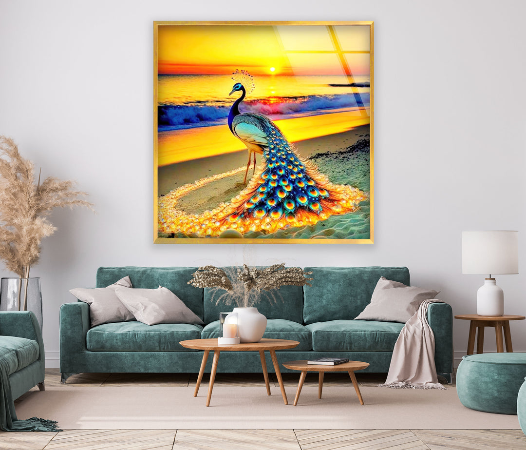 Sunset Peacock Glass Wall Art custom glass pictures, glass art prints