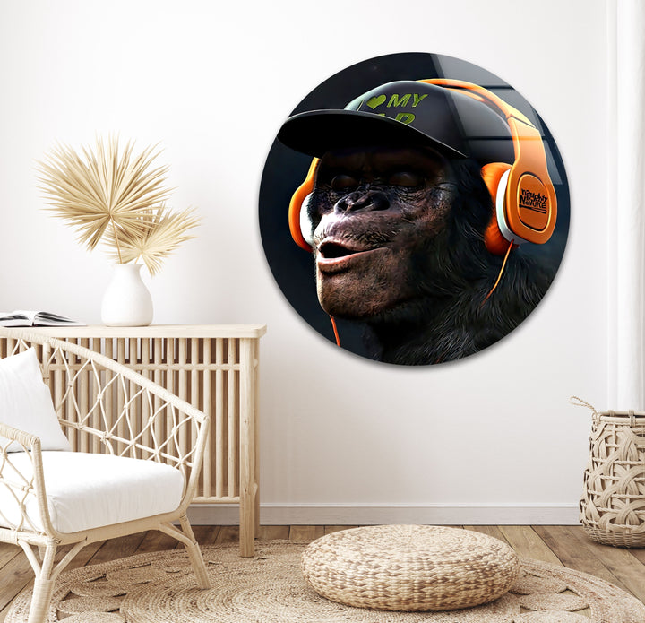 Monkey With Orange Headphones Glass Wall Art stained glass wall art, stained glass wall decor
