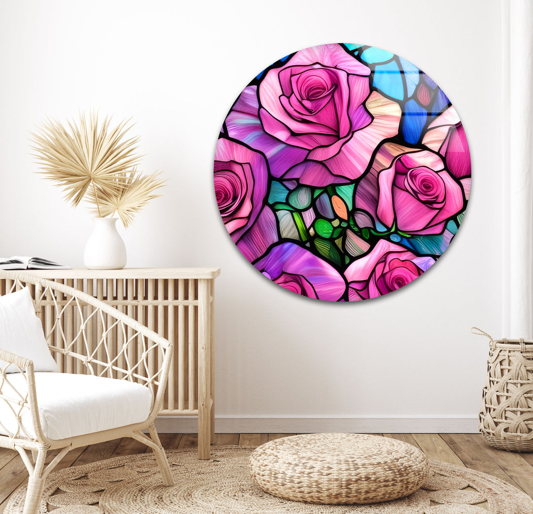 Pink Roses Stained Glass Wall Art, custom glass pictures, glass art prints