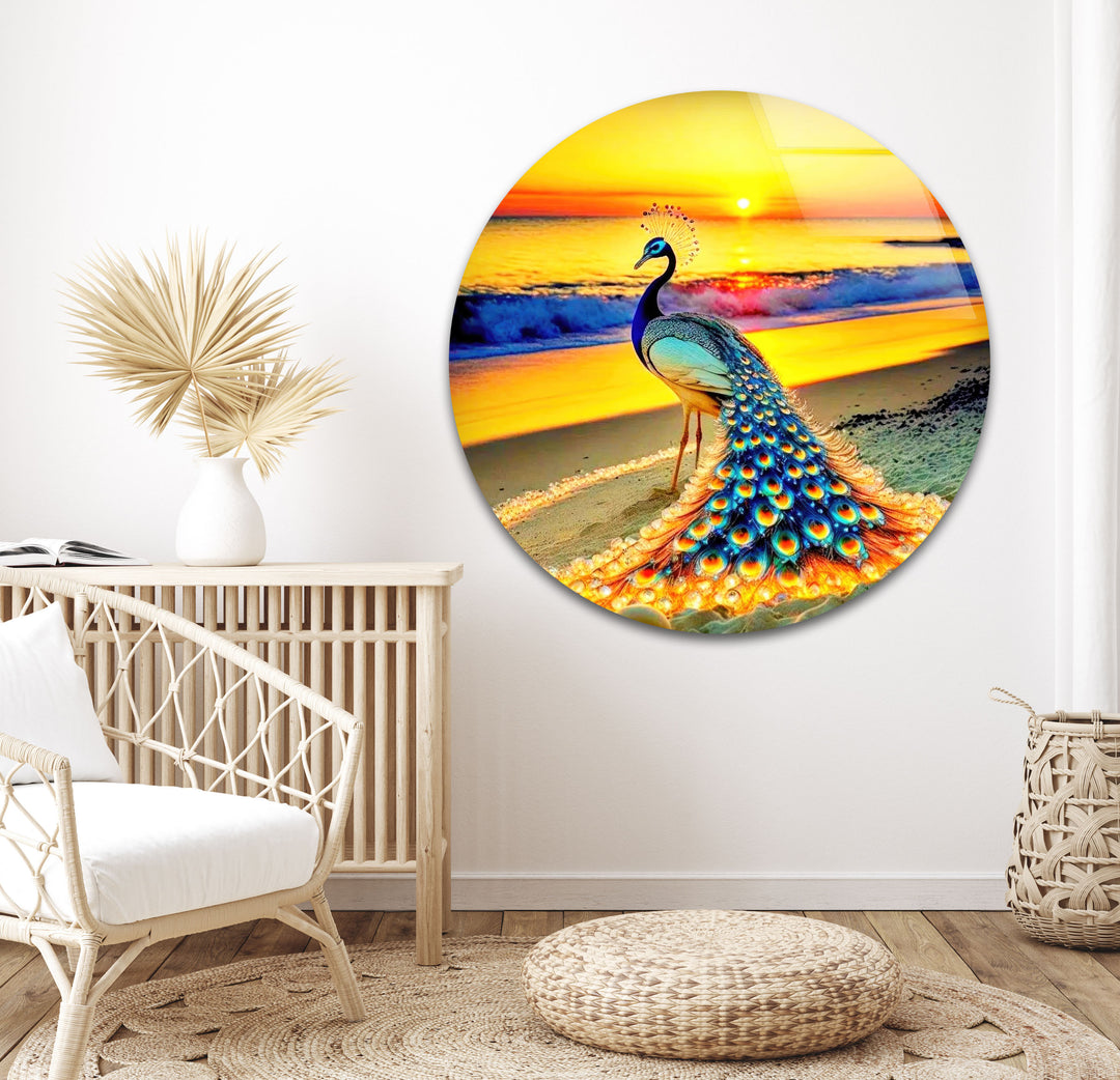 Sunset Peacock Glass Wall Art glass pictures for Wall, glass prints wall art