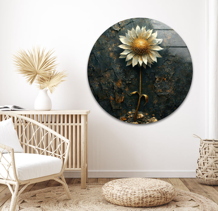 Sunflower With Gold Leaves Glass Wall Art, custom glass photo prints, large glass prints