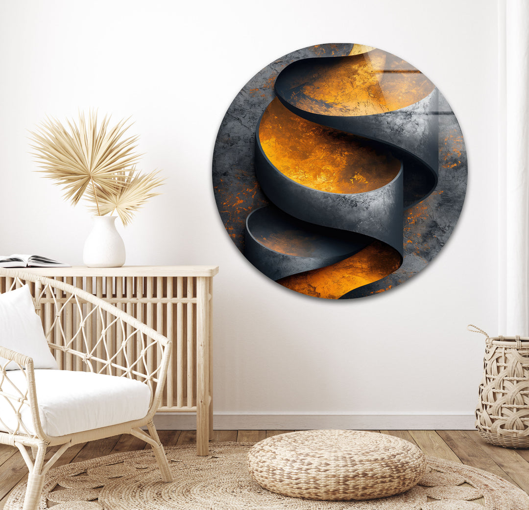 Surreal Metal with Copper Stripes round tempered Glass Wall Art