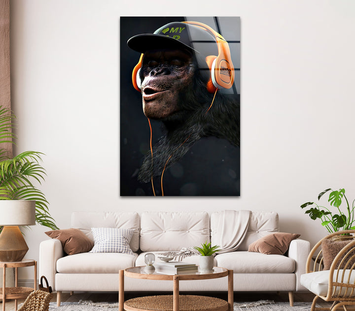 Monkey With Orange Headphones Glass Wall Art print picture on glass, Tempered Glass Wall Art
