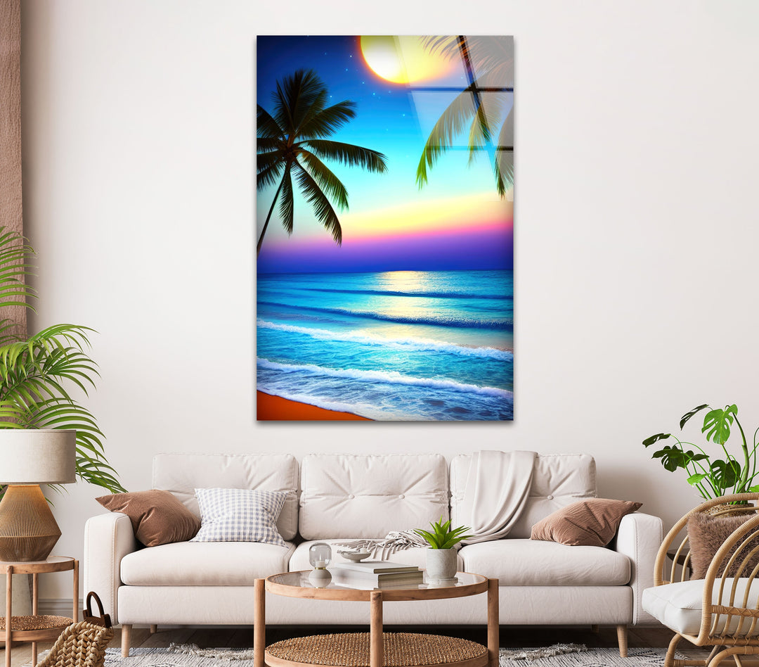 Palm Trees On The Beach Glass Wall Art photo print on glass, prints on glass wall art