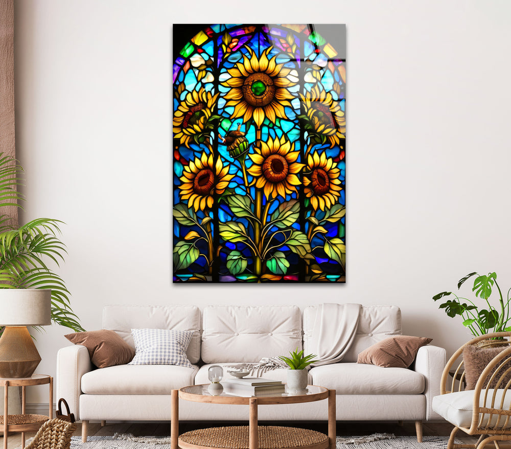 Sunflowers Stained Glass Wall Art, glass wall decor, glass wall art decor