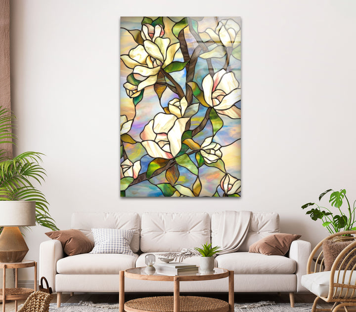 Stained Magnolia Glass Wall Art, picture on glass wall art, photos printed on glass