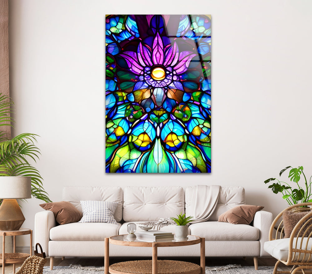 Stained Purple Floral Glass Wall Art, glass wall decor, glass wall art decor