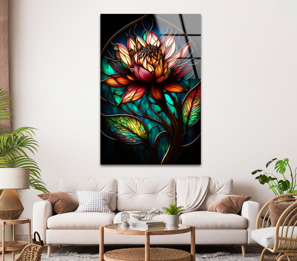 Peony Dark Stained Floral Glass Wall Art, glass wall decor, glass wall art decor