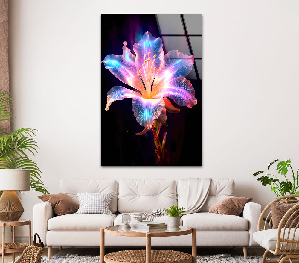 Neon Lily Flower Glass Wall Art, picture on glass wall art, photos printed on glass