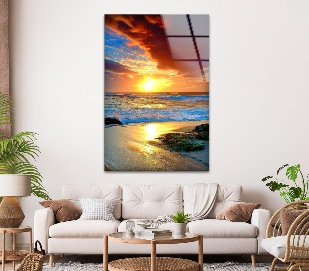 Red Cloud Sunset Ocean Glass Wall Art print picture on glass, Tempered Glass Wall Art