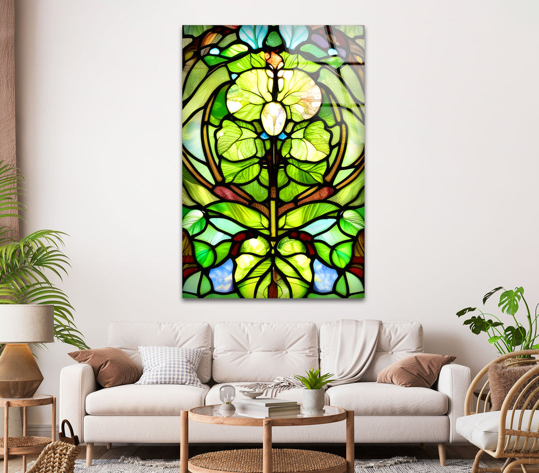 Stained Green Leaf Glass Wall Art, picture on glass wall art, photos printed on glass