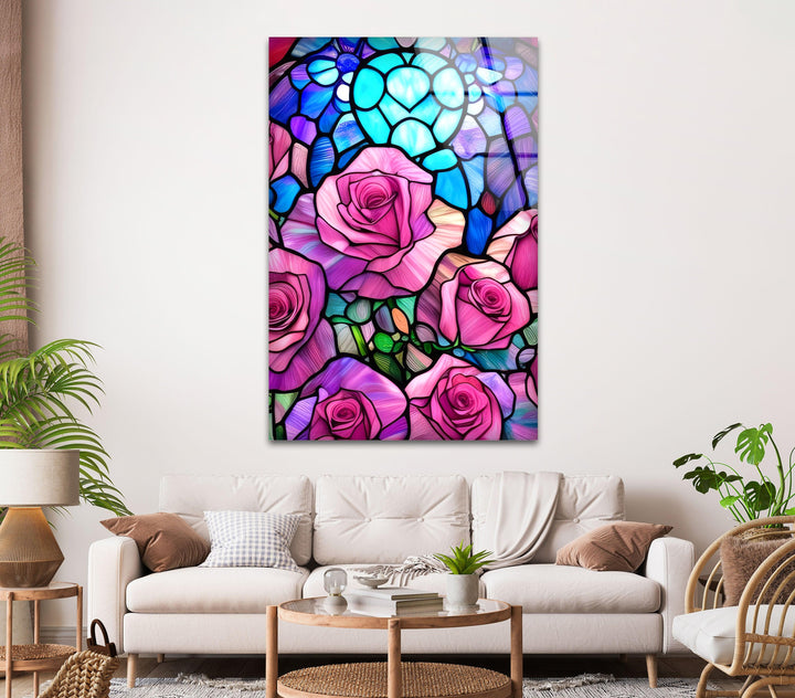 Pink Roses Stained Glass Wall Art, picture on glass wall art, photos printed on glass