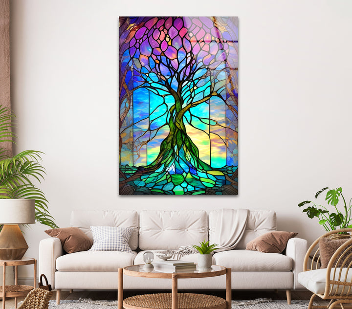 Stained Purple Life of Tree Glass Wall Art print picture on glass, Tempered Glass Wall Art