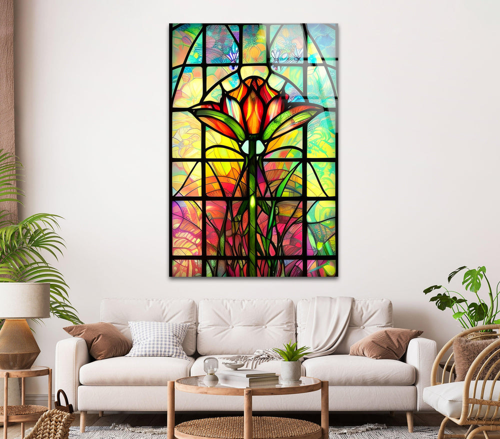 Orange Stained Floral Glass Wall Art, glass wall decor, glass wall art decor