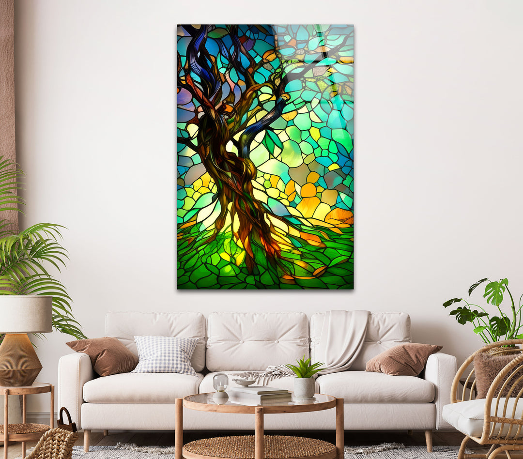 Stained Gnarled Tree Glass Wall Art print on glass, glass printed photos