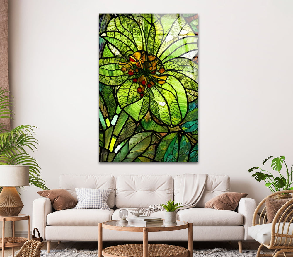 Green Flower Stained Glass Wall Art, glass wall decor, glass wall art decor