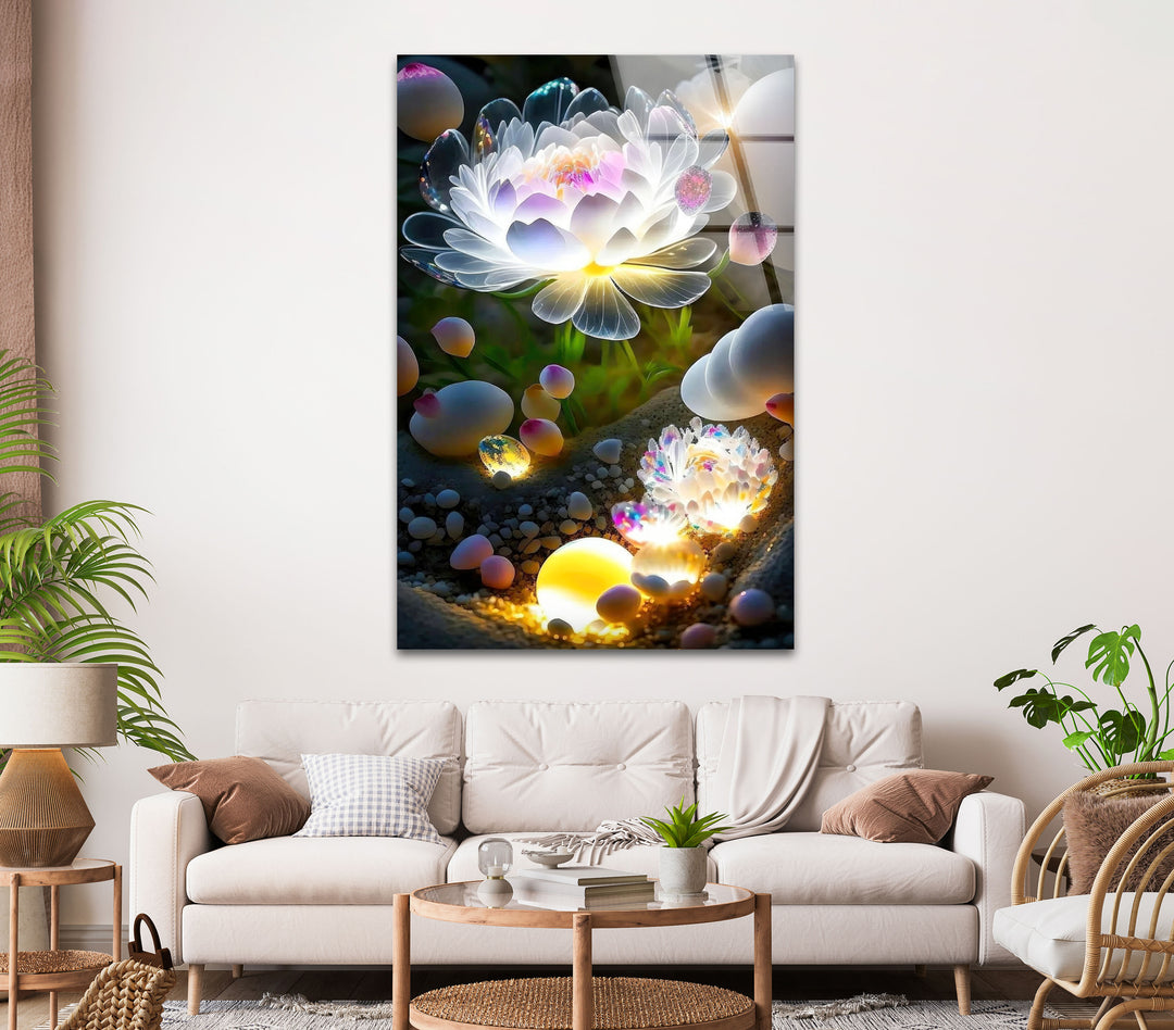 Glowing Lotus Flower Glass Wall Art, glass photo prints, glass picture prints