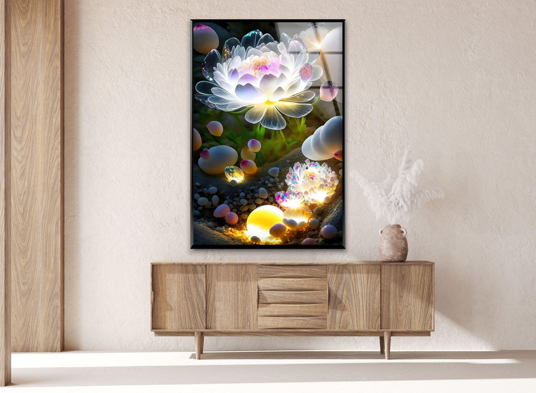 Glowing Lotus Flower Glass Wall Art, glass art painting, glass art for the Wall