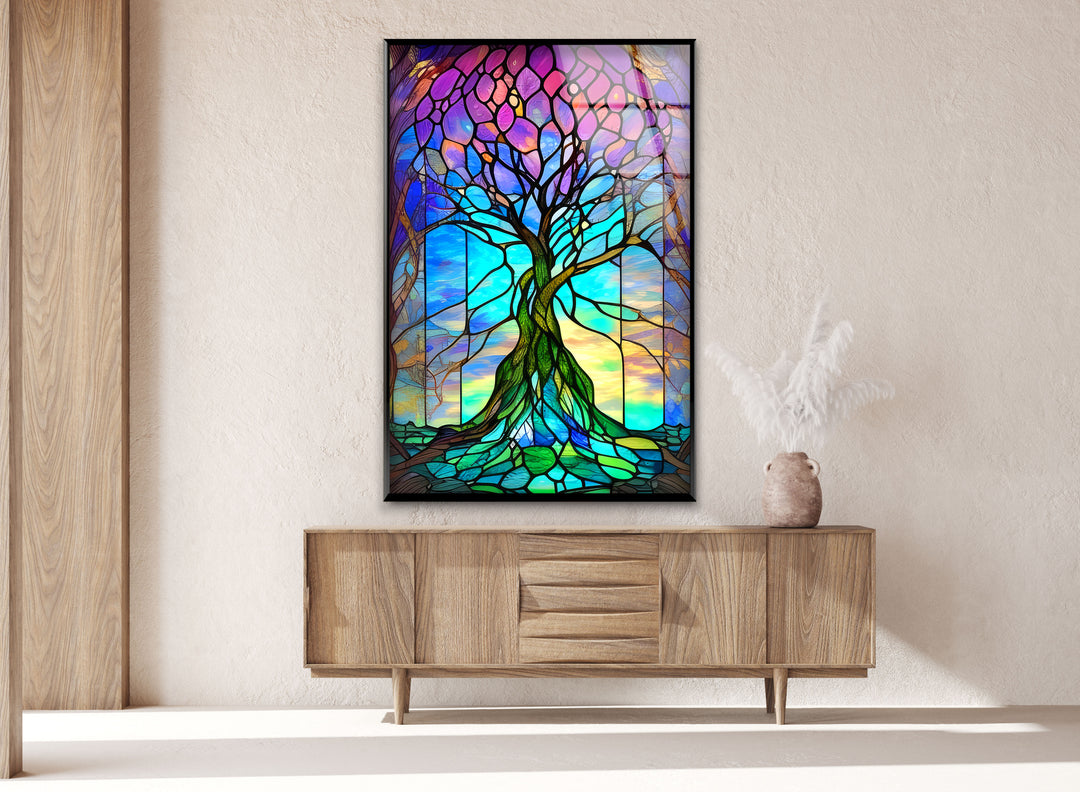 Stained Purple Life of Tree Glass Wall Art picture on glass wall art, photos printed on glass