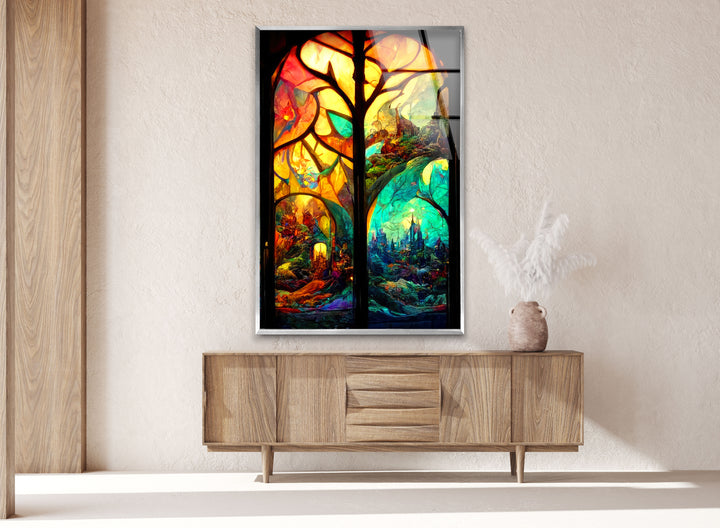 Castle & Forest Stained Glass Wall Art glass art painting, glass art for the Wall