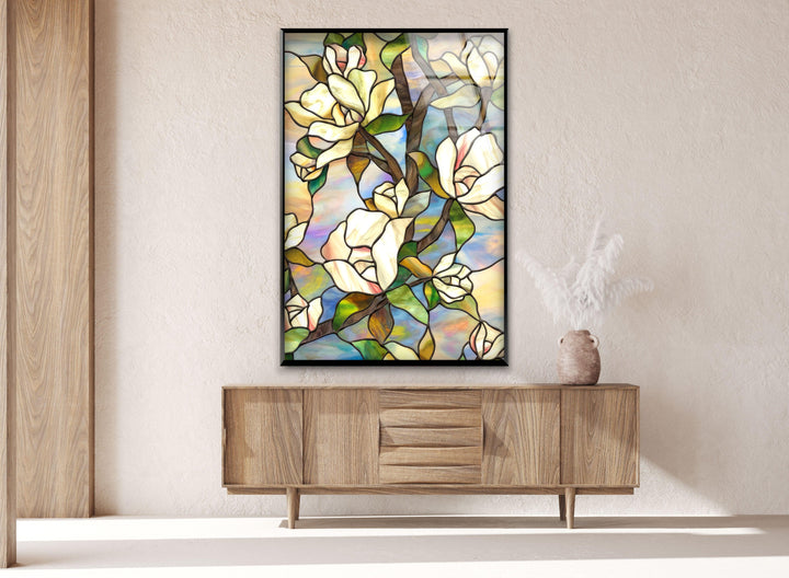 Stained Magnolia Glass Wall Art, photo print on glass, prints on glass wall art