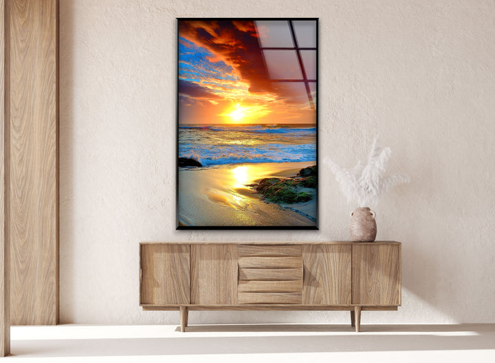 Red Cloud Sunset Ocean Glass Wall Art print on glass, glass printed photos