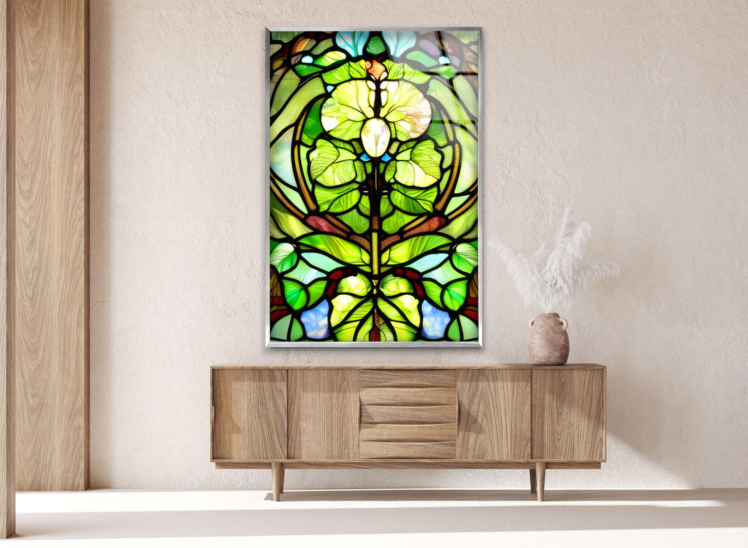 Stained Green Leaf Glass Wall Art, large glass photo prints, glass wall photos