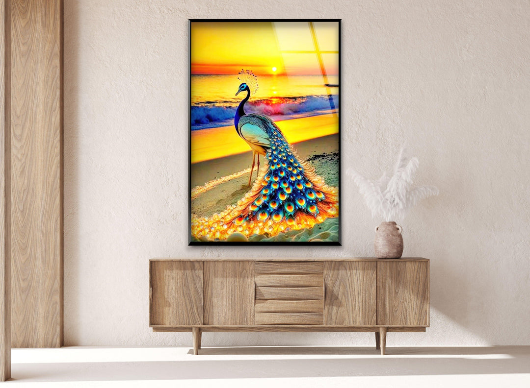 Sunset Peacock Glass Wall Art picture on glass wall art, photos printed on glass