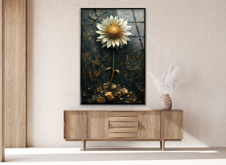 Sunflower With Gold Leaves Glass Wall Art, custom glass pictures, glass art prints