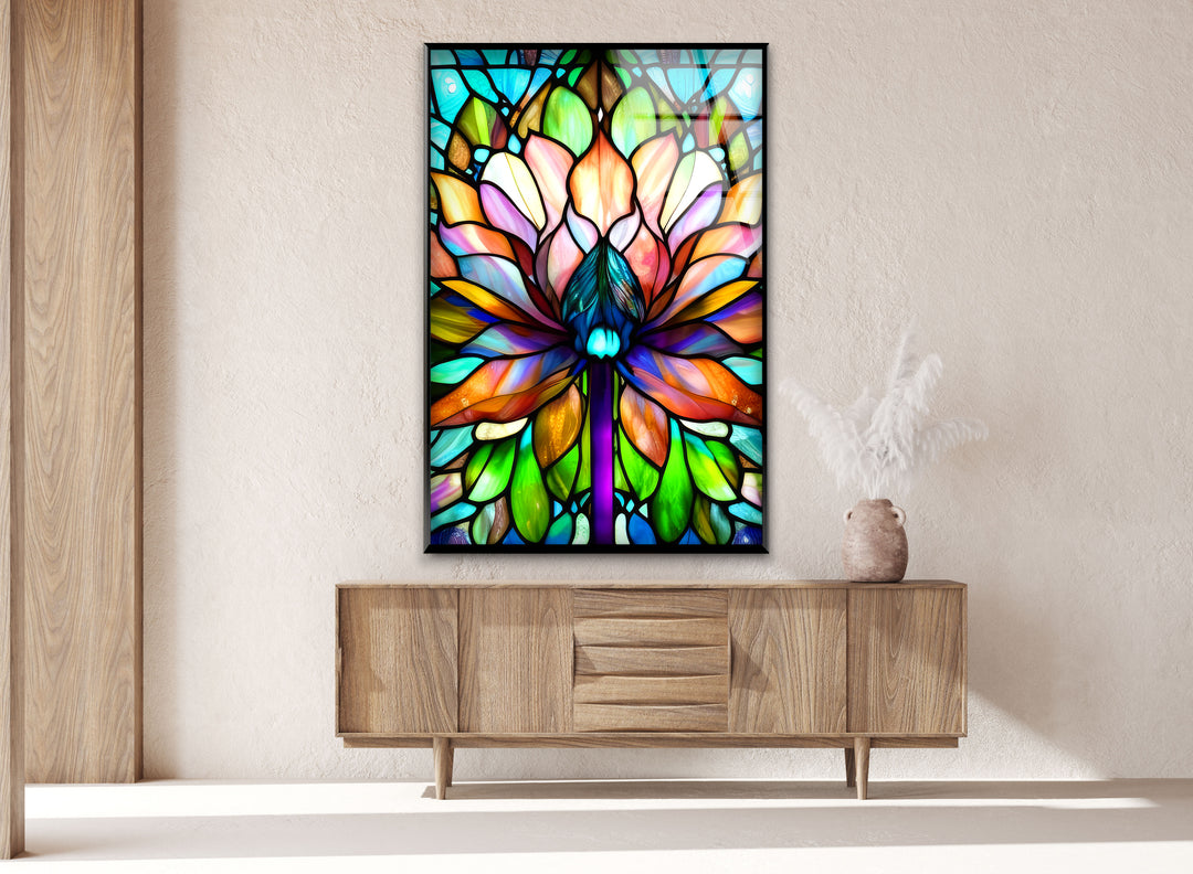 Stained Lotus Flower Glass Wall Art, large glass photo prints, glass wall photos