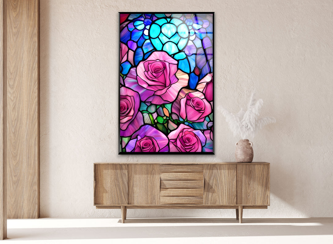 Pink Roses Stained Glass Wall Art, large glass photo prints, glass wall photos