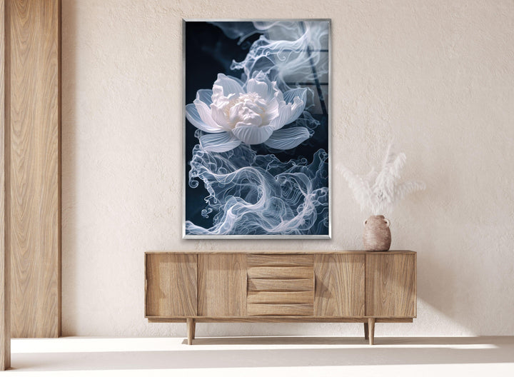 Smoke White Flower Glass Wall Art, glass pictures for Wall, glass prints wall art