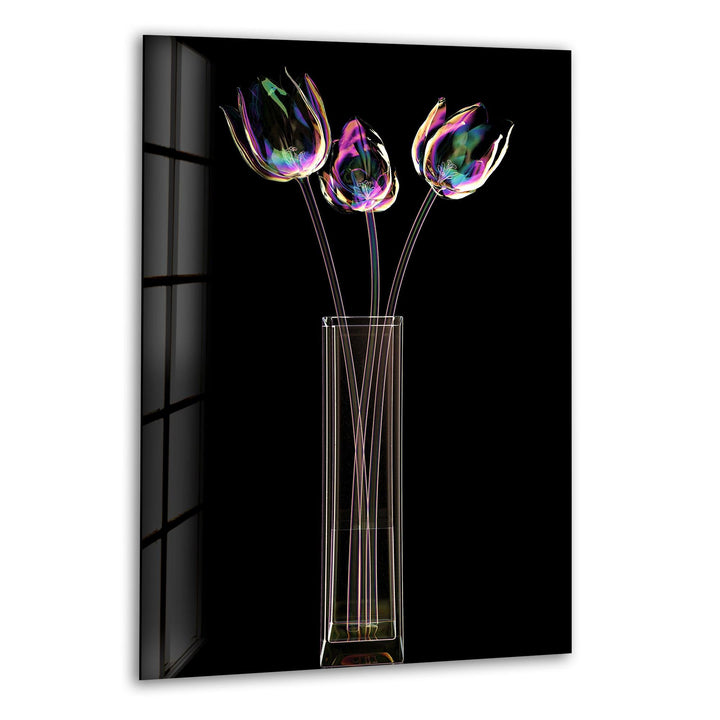 Color Glass Flower On Black Glass Wall Art, print picture on glass, Tempered Glass Wall Art