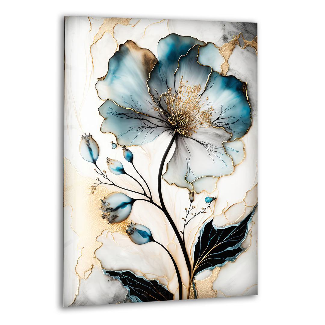 Blue Floral Oil Painting Glass Wall Art, print picture on glass, Tempered Glass Wall Art