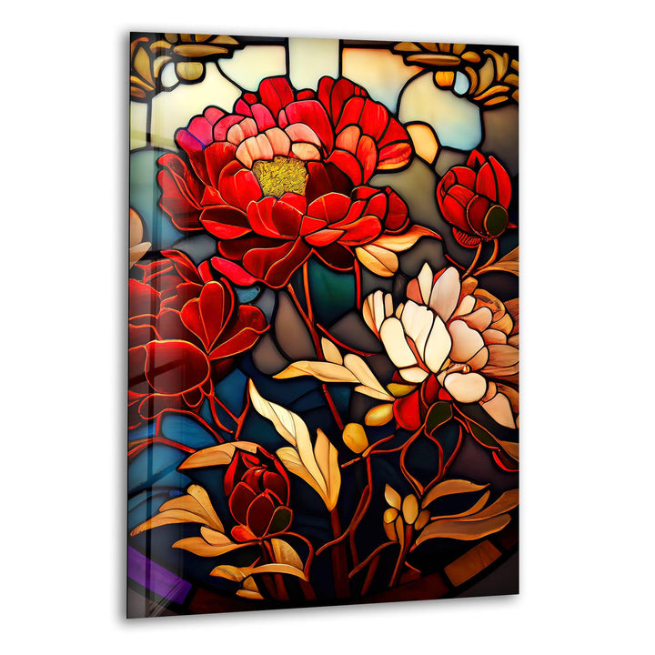 Red Peonies Stained Glass Wall Art, print on glass, glass printed photos